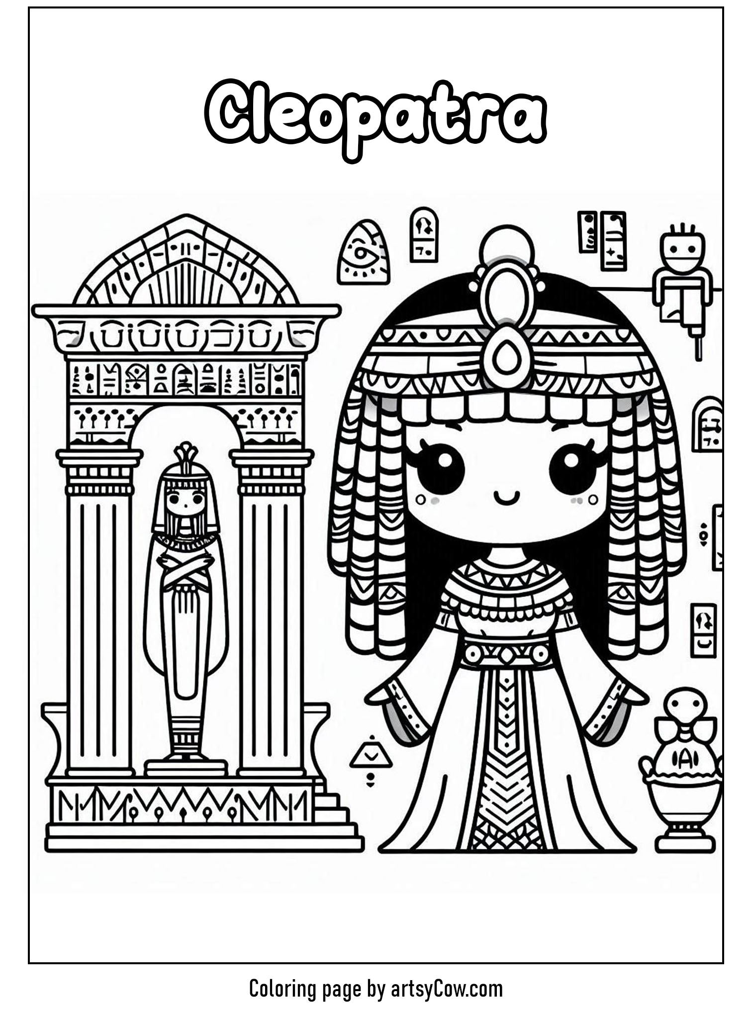 International women's day coloring sheets featuring Cleopatra dressed in Egyptian attire inside a palace adorned with hieroglyphics and columns.
